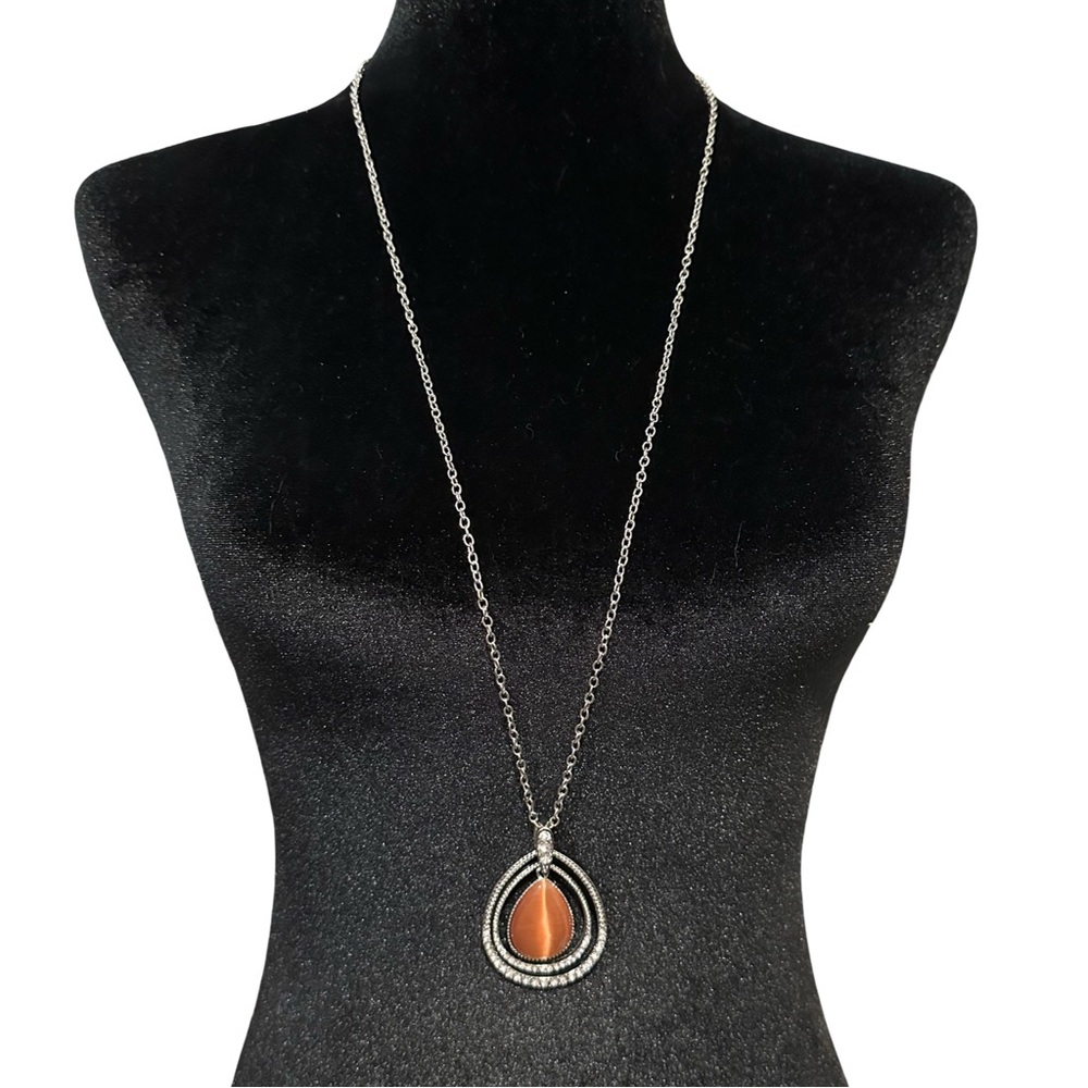 Paparazzi Glow and Tell Necklace Silver Tone Rhinestone Orange Cats Eye